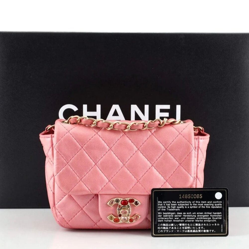 RARE Authentic CHANEL Lambskin Quilted Precious Jewel Mini Flap Bag Pink